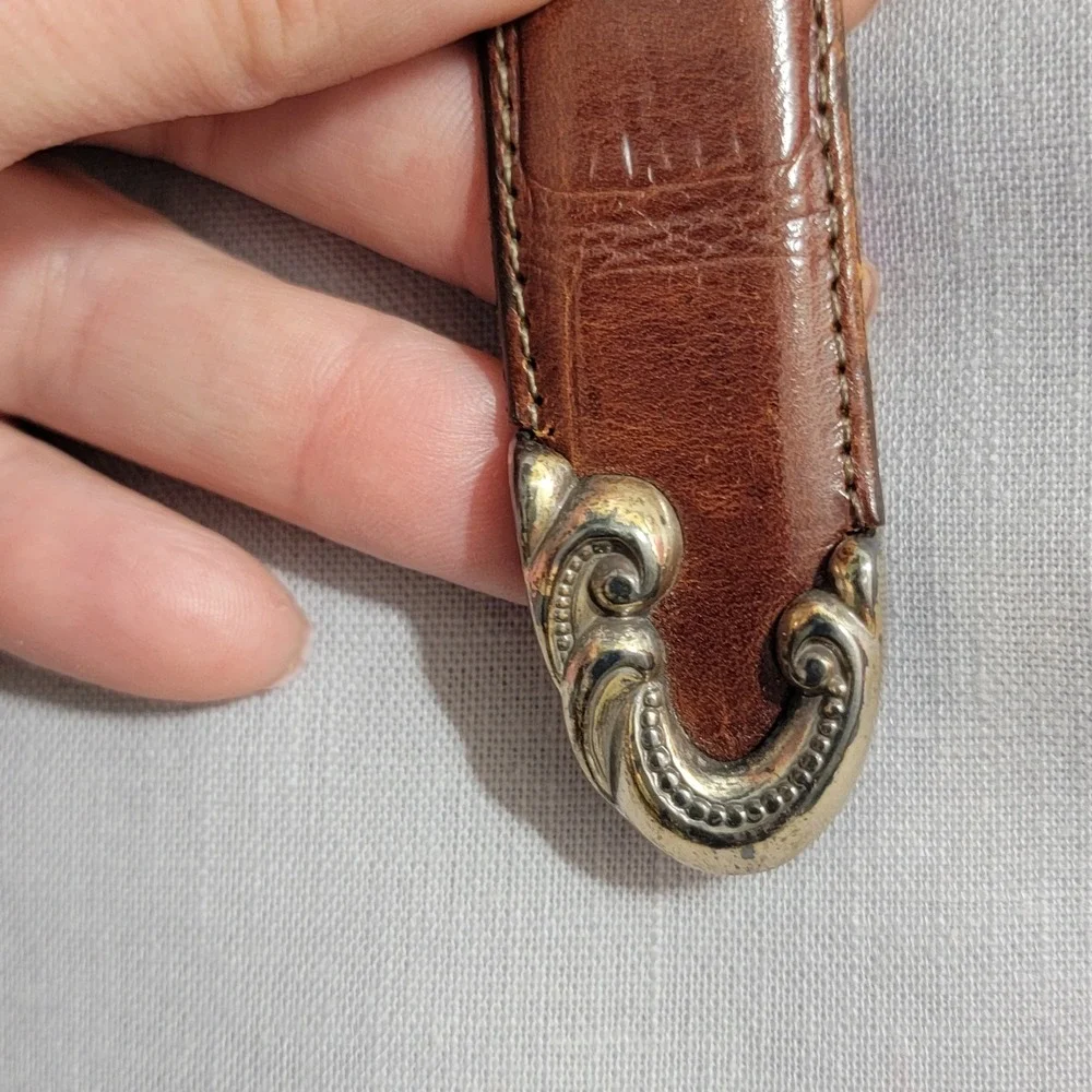 Brown Mock‎ Croc Leather Western Belt Silver Ornate 3pc Buckle Set USA M